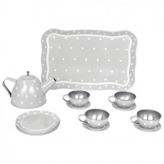 Juego de té con su caja gris.