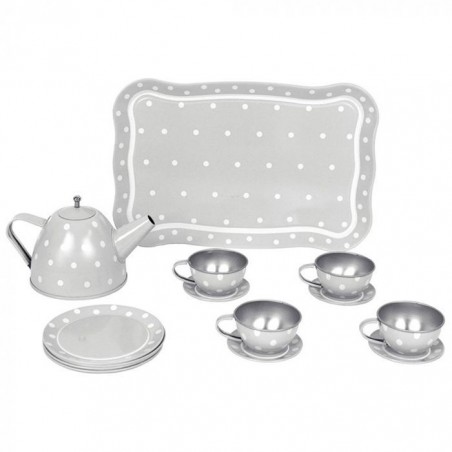Juego de té con su caja gris.